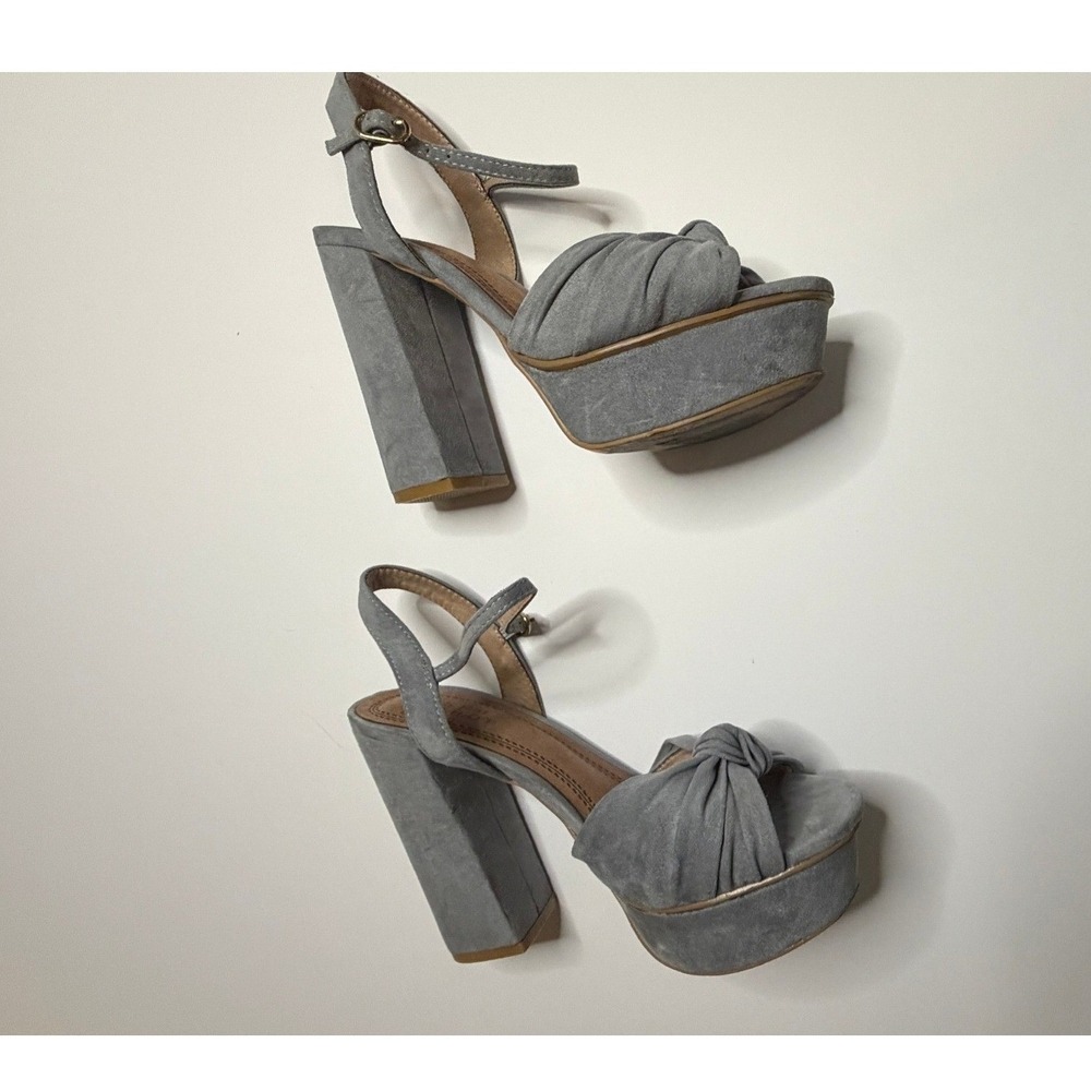 Shu Shop Blue Grey Faux Suede Knotted Platform Block Heel Sandals Womens 7/12 - Picture 4 of 9